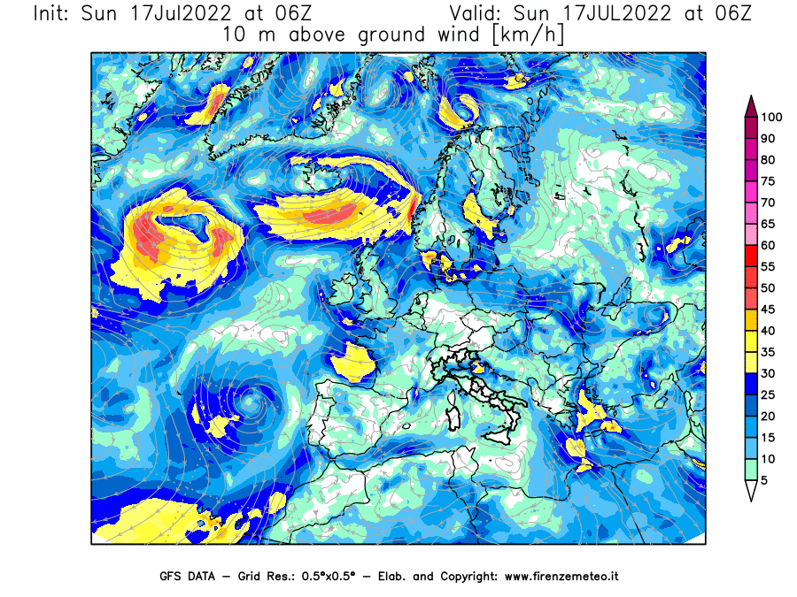 Mappa di analisi GFS - Velocità del vento a 10 metri dal suolo [km/h] in Europa
							del 17/07/2022 06 <!--googleoff: index-->UTC<!--googleon: index-->