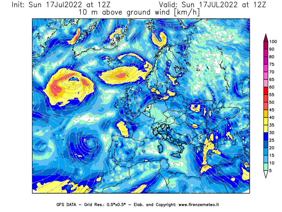 Mappa di analisi GFS - Velocità del vento a 10 metri dal suolo [km/h] in Europa
							del 17/07/2022 12 <!--googleoff: index-->UTC<!--googleon: index-->