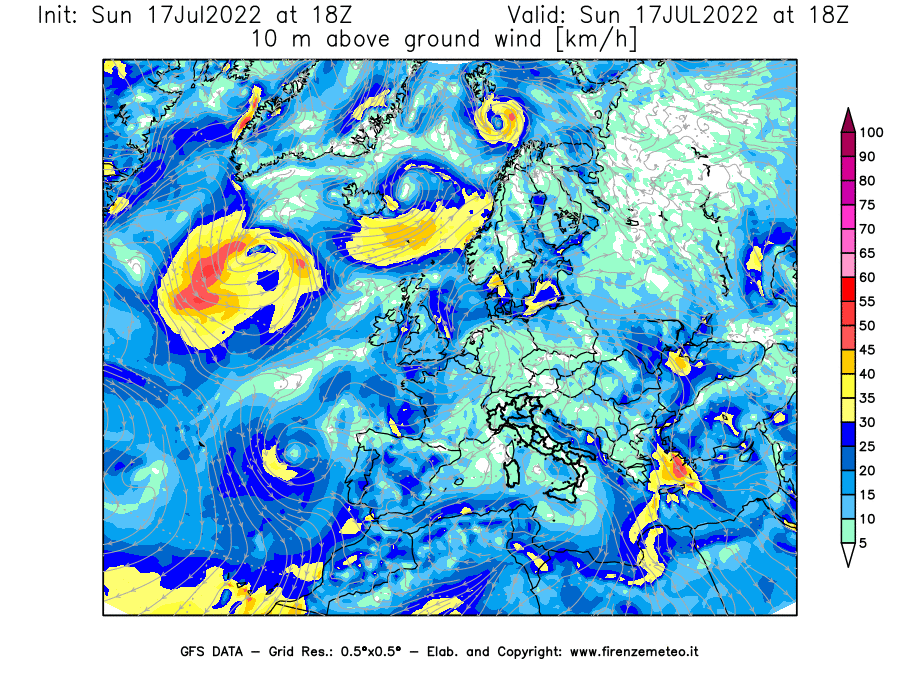 Mappa di analisi GFS - Velocità del vento a 10 metri dal suolo [km/h] in Europa
							del 17/07/2022 18 <!--googleoff: index-->UTC<!--googleon: index-->