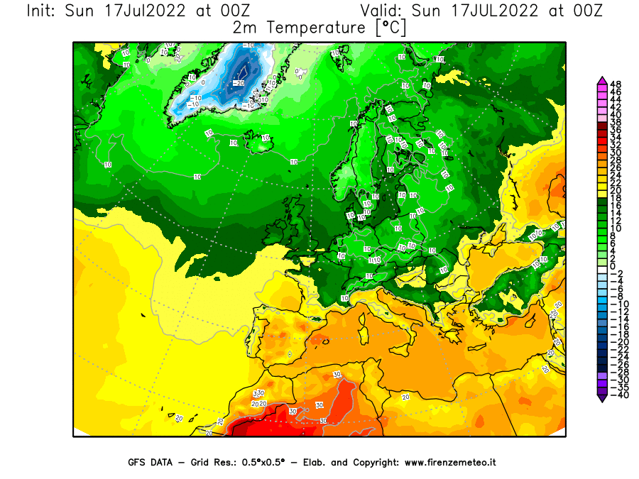 Mappa di analisi GFS - Temperatura a 2 metri dal suolo [°C] in Europa
							del 17/07/2022 00 <!--googleoff: index-->UTC<!--googleon: index-->