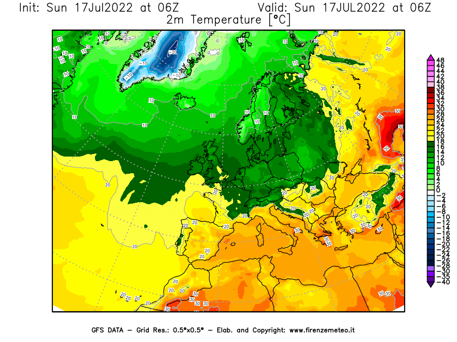 Mappa di analisi GFS - Temperatura a 2 metri dal suolo [°C] in Europa
							del 17/07/2022 06 <!--googleoff: index-->UTC<!--googleon: index-->