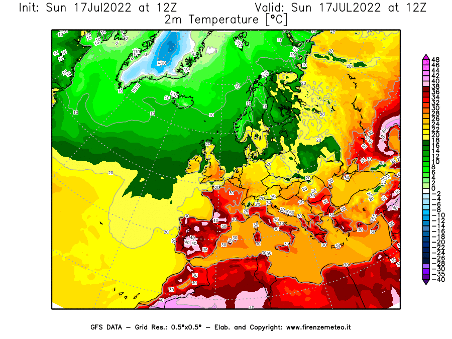 Mappa di analisi GFS - Temperatura a 2 metri dal suolo [°C] in Europa
							del 17/07/2022 12 <!--googleoff: index-->UTC<!--googleon: index-->