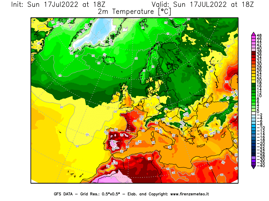 Mappa di analisi GFS - Temperatura a 2 metri dal suolo [°C] in Europa
							del 17/07/2022 18 <!--googleoff: index-->UTC<!--googleon: index-->