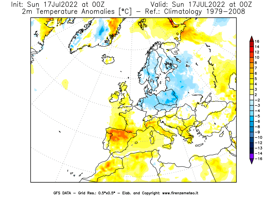 Mappa di analisi GFS - Anomalia Temperatura [°C] a 2 m in Europa
							del 17/07/2022 00 <!--googleoff: index-->UTC<!--googleon: index-->