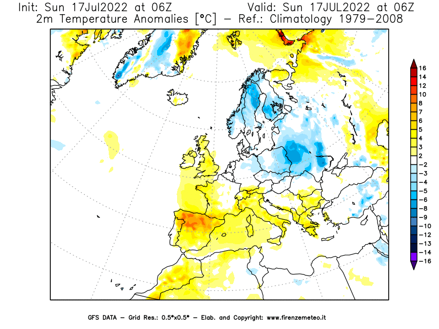 Mappa di analisi GFS - Anomalia Temperatura [°C] a 2 m in Europa
							del 17/07/2022 06 <!--googleoff: index-->UTC<!--googleon: index-->