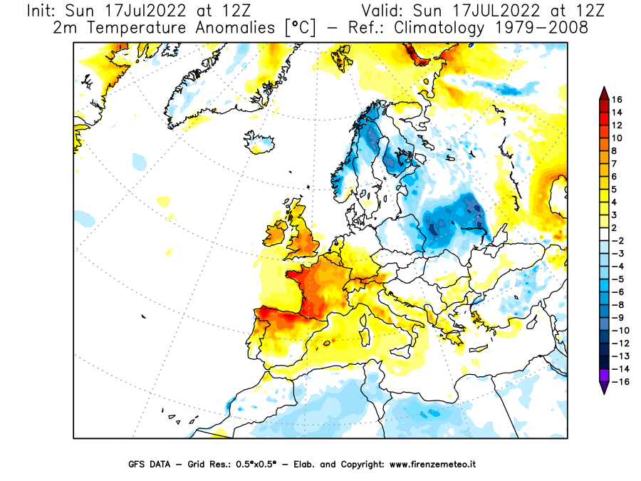 Mappa di analisi GFS - Anomalia Temperatura [°C] a 2 m in Europa
							del 17/07/2022 12 <!--googleoff: index-->UTC<!--googleon: index-->