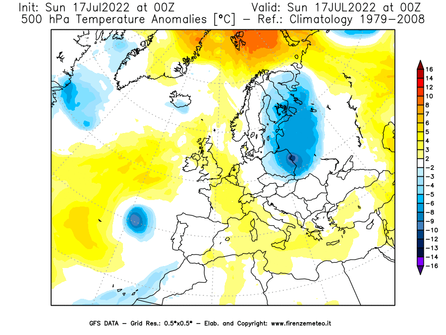 Mappa di analisi GFS - Anomalia Temperatura [°C] a 500 hPa in Europa
							del 17/07/2022 00 <!--googleoff: index-->UTC<!--googleon: index-->