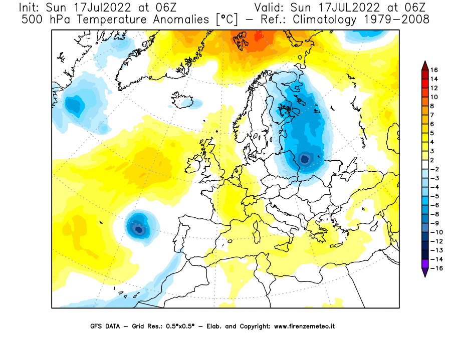 Mappa di analisi GFS - Anomalia Temperatura [°C] a 500 hPa in Europa
							del 17/07/2022 06 <!--googleoff: index-->UTC<!--googleon: index-->