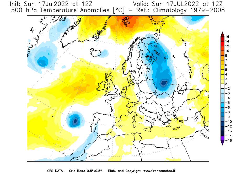 Mappa di analisi GFS - Anomalia Temperatura [°C] a 500 hPa in Europa
							del 17/07/2022 12 <!--googleoff: index-->UTC<!--googleon: index-->
