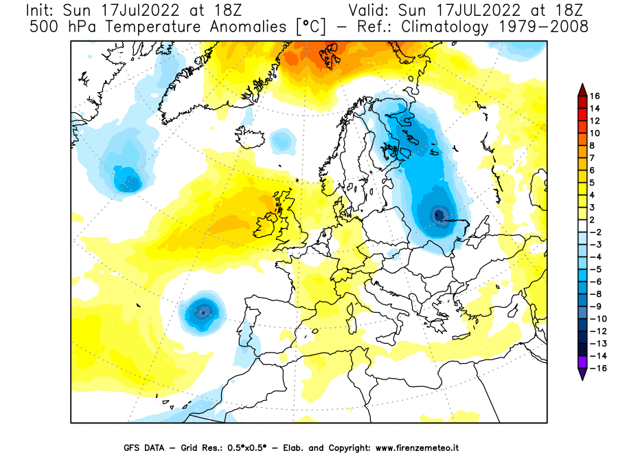 Mappa di analisi GFS - Anomalia Temperatura [°C] a 500 hPa in Europa
							del 17/07/2022 18 <!--googleoff: index-->UTC<!--googleon: index-->