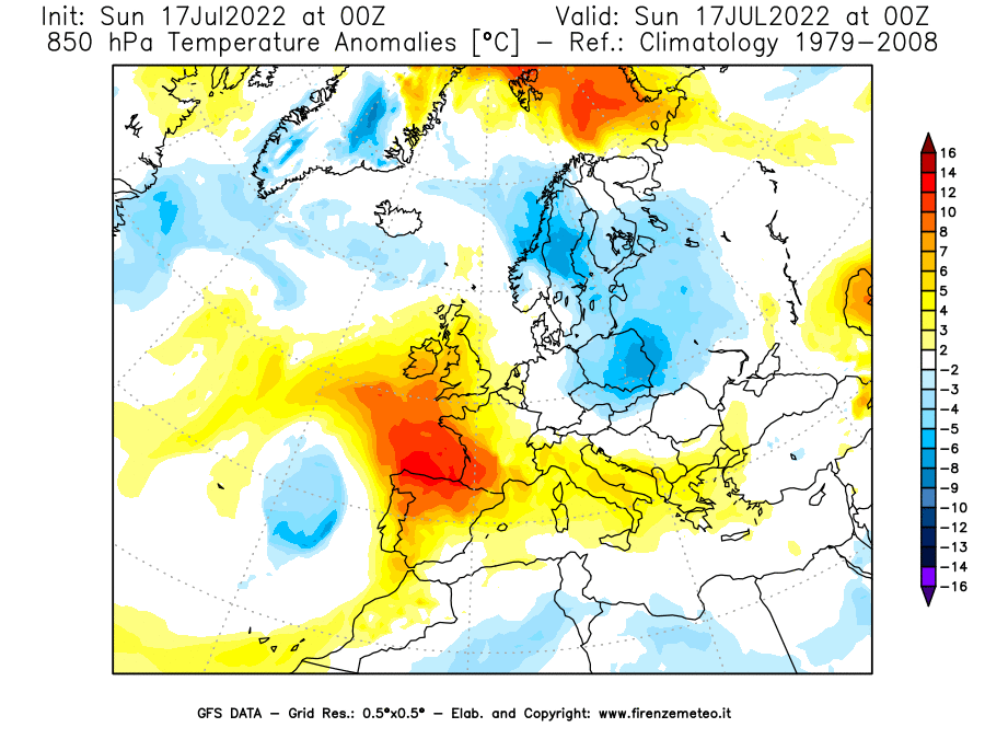 Mappa di analisi GFS - Anomalia Temperatura [°C] a 850 hPa in Europa
							del 17/07/2022 00 <!--googleoff: index-->UTC<!--googleon: index-->