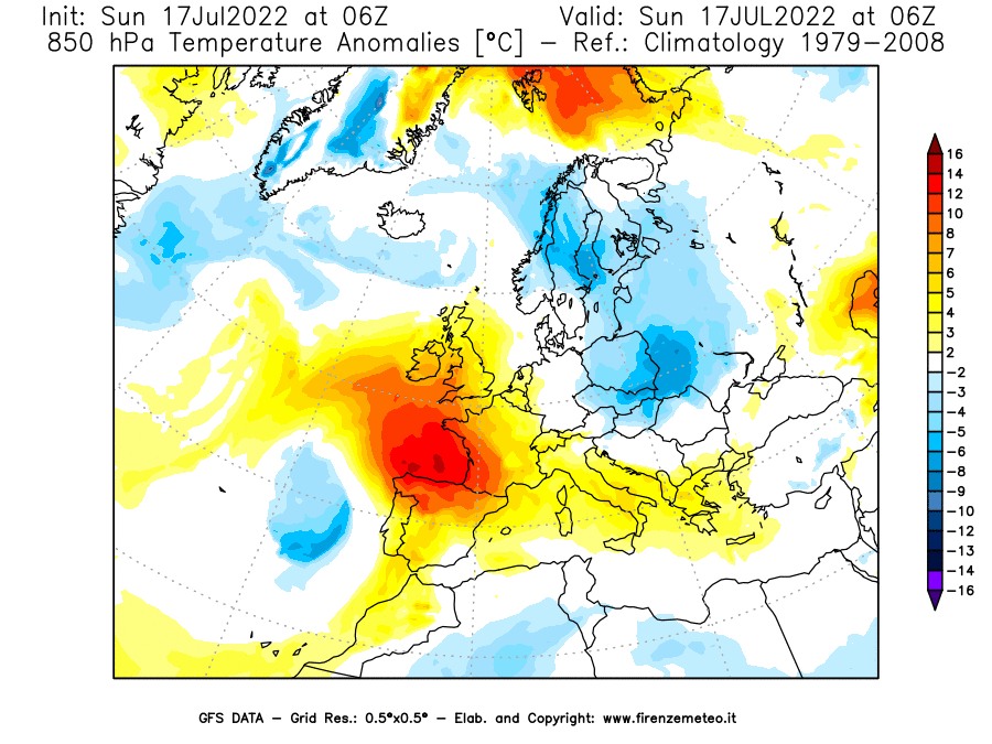 Mappa di analisi GFS - Anomalia Temperatura [°C] a 850 hPa in Europa
							del 17/07/2022 06 <!--googleoff: index-->UTC<!--googleon: index-->