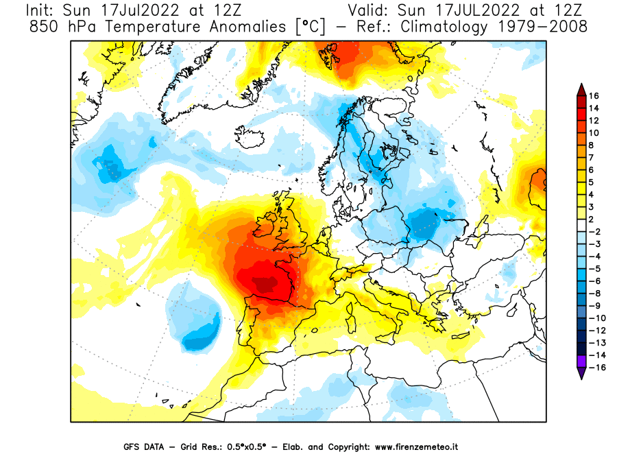 Mappa di analisi GFS - Anomalia Temperatura [°C] a 850 hPa in Europa
							del 17/07/2022 12 <!--googleoff: index-->UTC<!--googleon: index-->