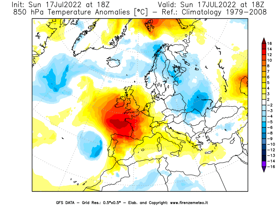 Mappa di analisi GFS - Anomalia Temperatura [°C] a 850 hPa in Europa
							del 17/07/2022 18 <!--googleoff: index-->UTC<!--googleon: index-->