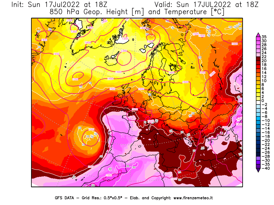 Mappa di analisi GFS - Geopotenziale [m] e Temperatura [°C] a 850 hPa in Europa
							del 17/07/2022 18 <!--googleoff: index-->UTC<!--googleon: index-->
