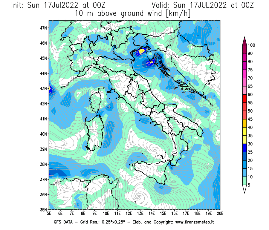 Mappa di analisi GFS - Velocità del vento a 10 metri dal suolo [km/h] in Italia
							del 17/07/2022 00 <!--googleoff: index-->UTC<!--googleon: index-->