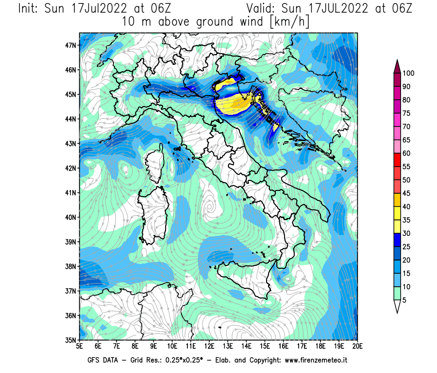 Mappa di analisi GFS - Velocità del vento a 10 metri dal suolo [km/h] in Italia
							del 17/07/2022 06 <!--googleoff: index-->UTC<!--googleon: index-->