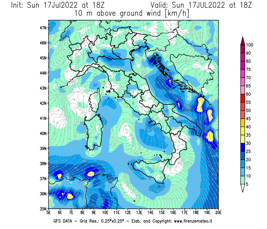 Mappa di analisi GFS - Velocità del vento a 10 metri dal suolo [km/h] in Italia
							del 17/07/2022 18 <!--googleoff: index-->UTC<!--googleon: index-->