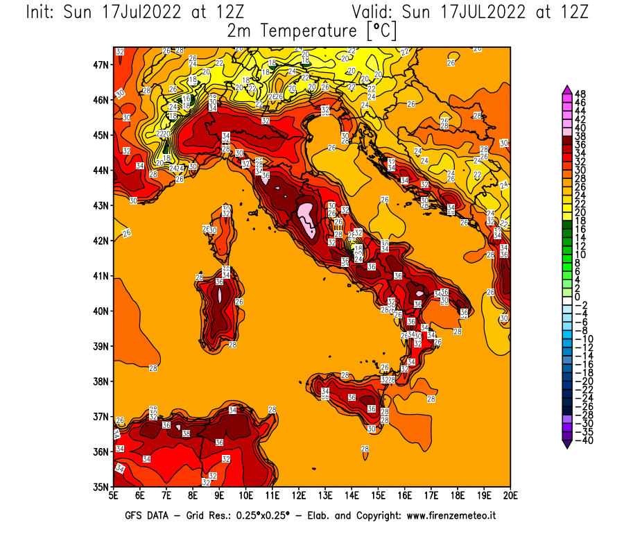 Mappa di analisi GFS - Temperatura a 2 metri dal suolo [°C] in Italia
							del 17/07/2022 12 <!--googleoff: index-->UTC<!--googleon: index-->
