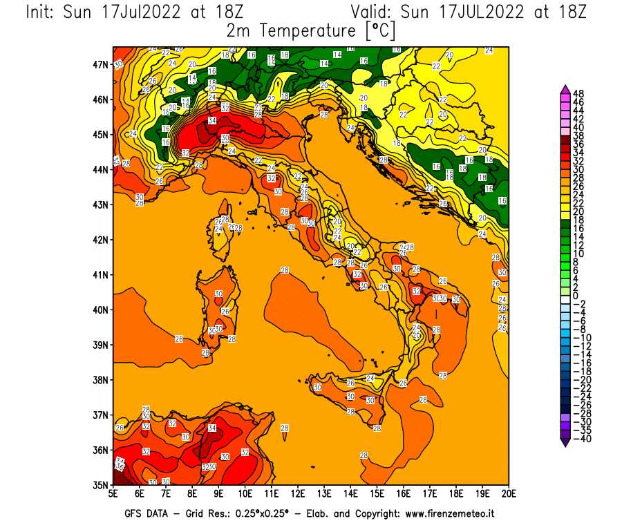 Mappa di analisi GFS - Temperatura a 2 metri dal suolo [°C] in Italia
							del 17/07/2022 18 <!--googleoff: index-->UTC<!--googleon: index-->
