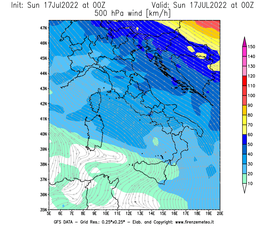 Mappa di analisi GFS - Velocità del vento a 500 hPa [km/h] in Italia
							del 17/07/2022 00 <!--googleoff: index-->UTC<!--googleon: index-->