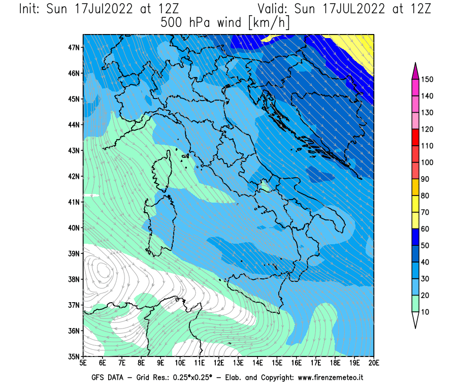 Mappa di analisi GFS - Velocità del vento a 500 hPa [km/h] in Italia
							del 17/07/2022 12 <!--googleoff: index-->UTC<!--googleon: index-->