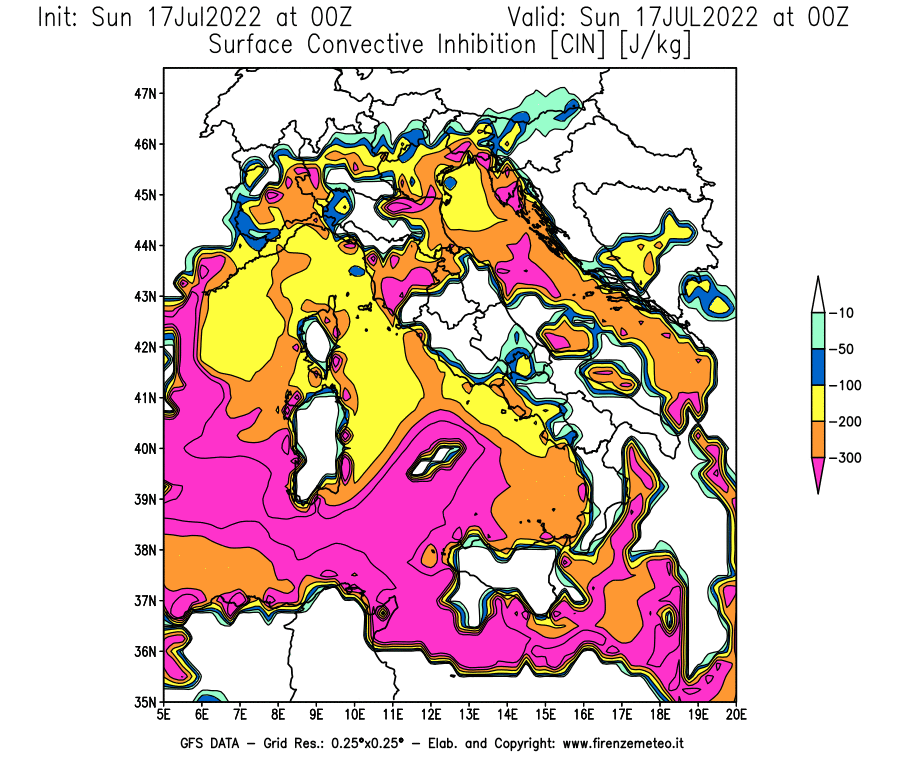 Mappa di analisi GFS - CIN [J/kg] in Italia
							del 17/07/2022 00 <!--googleoff: index-->UTC<!--googleon: index-->