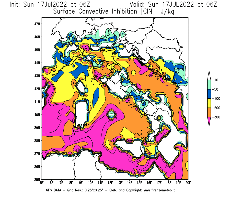 Mappa di analisi GFS - CIN [J/kg] in Italia
							del 17/07/2022 06 <!--googleoff: index-->UTC<!--googleon: index-->