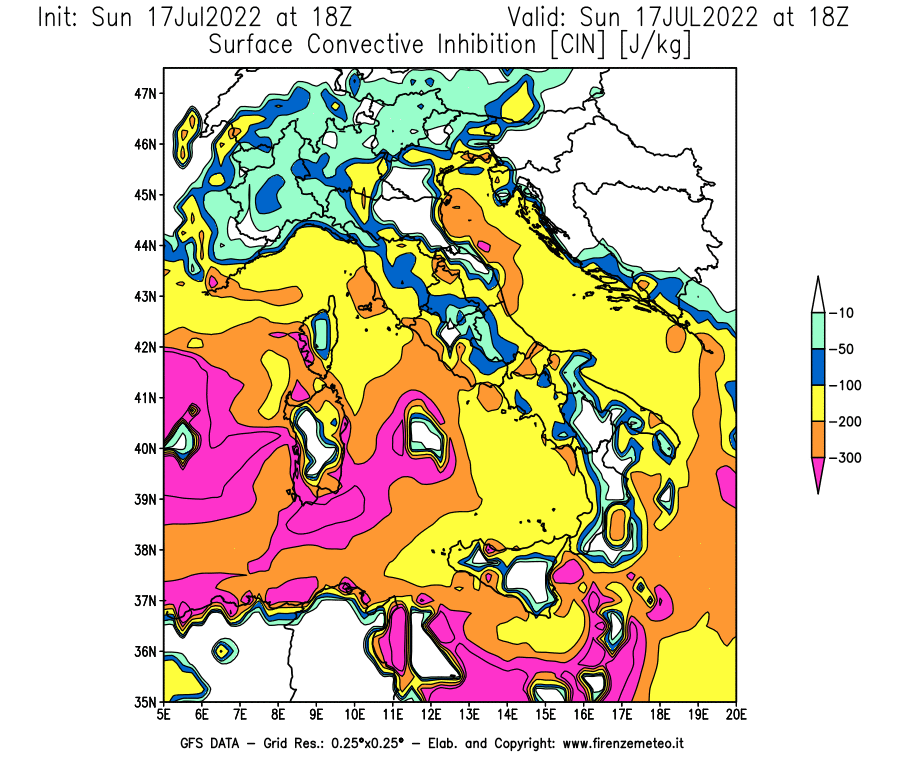 Mappa di analisi GFS - CIN [J/kg] in Italia
							del 17/07/2022 18 <!--googleoff: index-->UTC<!--googleon: index-->
