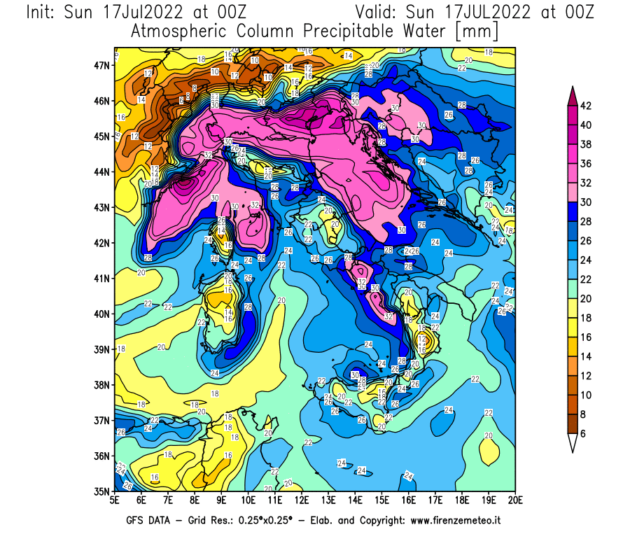 Mappa di analisi GFS - Precipitable Water [mm] in Italia
							del 17/07/2022 00 <!--googleoff: index-->UTC<!--googleon: index-->