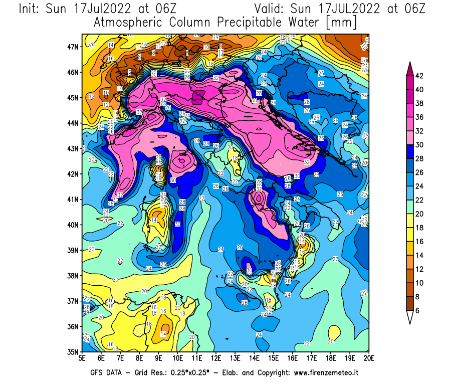 Mappa di analisi GFS - Precipitable Water [mm] in Italia
							del 17/07/2022 06 <!--googleoff: index-->UTC<!--googleon: index-->