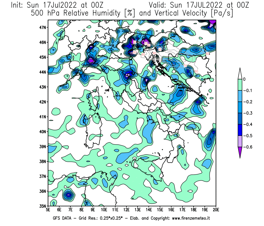 Mappa di analisi GFS - Umidità relativa [%] e Omega [Pa/s] a 500 hPa in Italia
							del 17/07/2022 00 <!--googleoff: index-->UTC<!--googleon: index-->