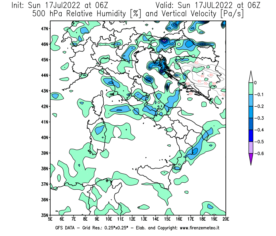 Mappa di analisi GFS - Umidità relativa [%] e Omega [Pa/s] a 500 hPa in Italia
							del 17/07/2022 06 <!--googleoff: index-->UTC<!--googleon: index-->