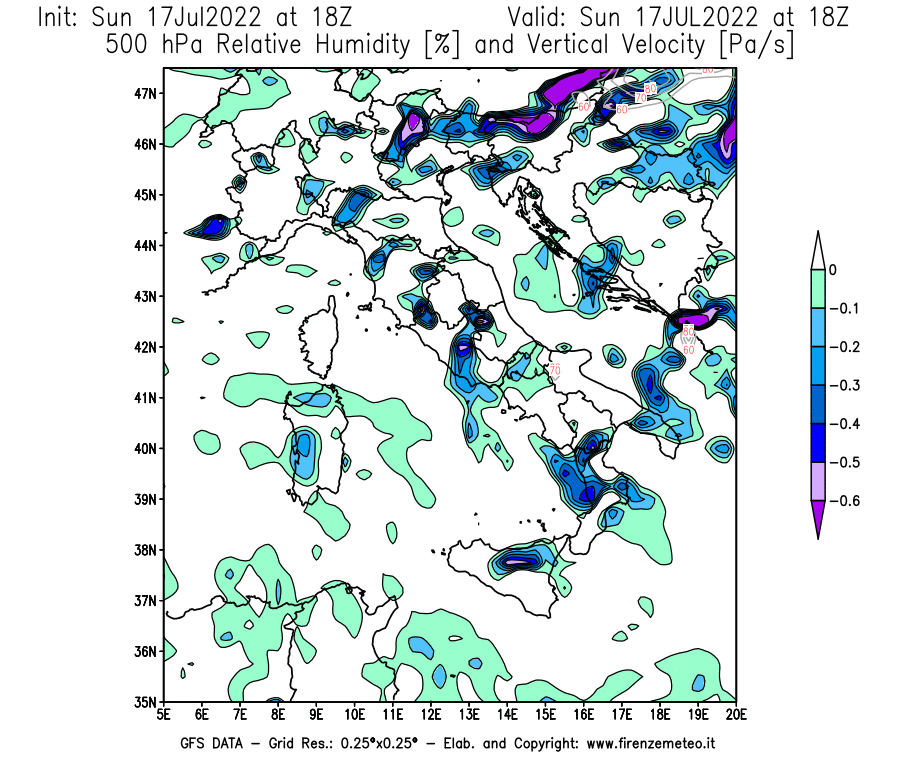 Mappa di analisi GFS - Umidità relativa [%] e Omega [Pa/s] a 500 hPa in Italia
							del 17/07/2022 18 <!--googleoff: index-->UTC<!--googleon: index-->