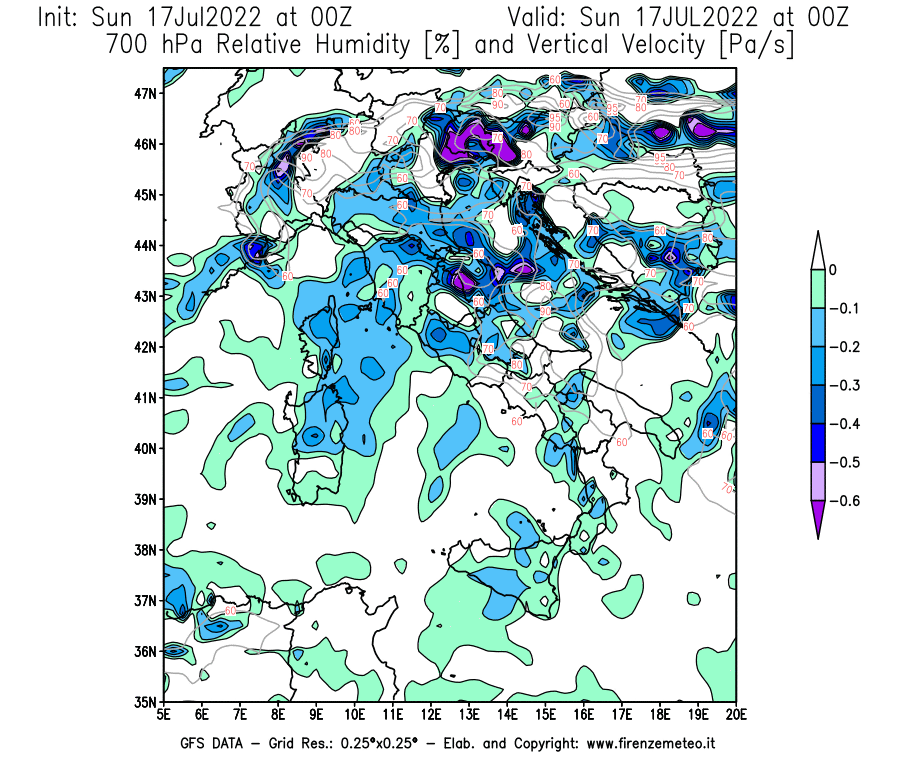 Mappa di analisi GFS - Umidità relativa [%] e Omega [Pa/s] a 700 hPa in Italia
							del 17/07/2022 00 <!--googleoff: index-->UTC<!--googleon: index-->