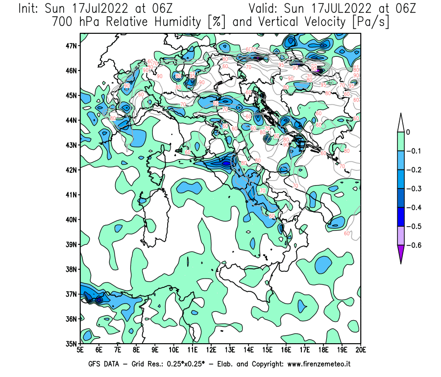 Mappa di analisi GFS - Umidità relativa [%] e Omega [Pa/s] a 700 hPa in Italia
							del 17/07/2022 06 <!--googleoff: index-->UTC<!--googleon: index-->