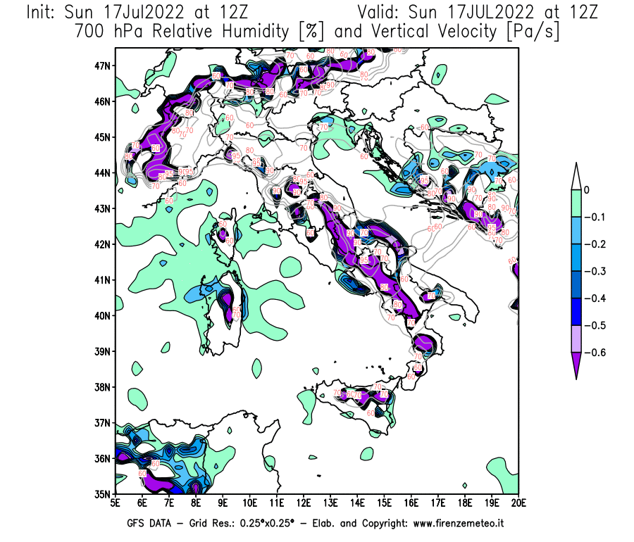 Mappa di analisi GFS - Umidità relativa [%] e Omega [Pa/s] a 700 hPa in Italia
							del 17/07/2022 12 <!--googleoff: index-->UTC<!--googleon: index-->