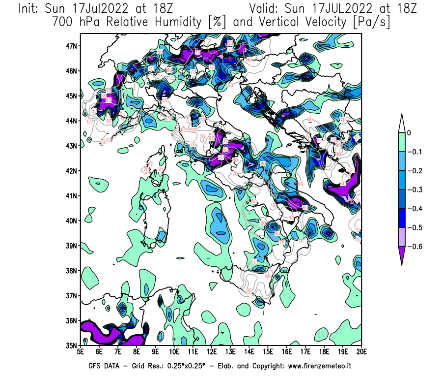 Mappa di analisi GFS - Umidità relativa [%] e Omega [Pa/s] a 700 hPa in Italia
							del 17/07/2022 18 <!--googleoff: index-->UTC<!--googleon: index-->