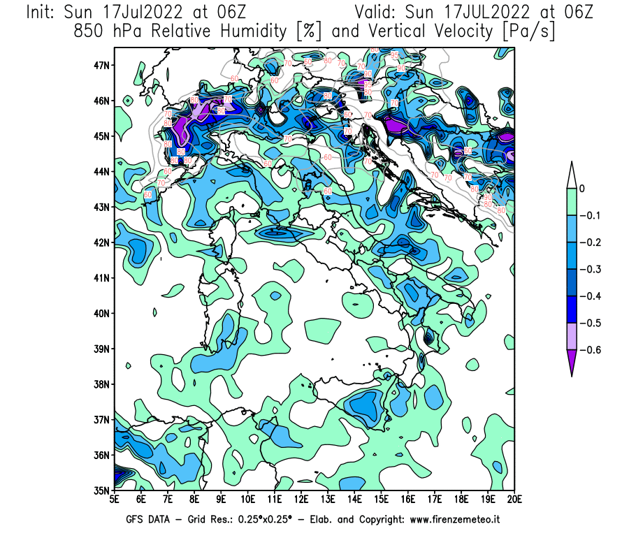 Mappa di analisi GFS - Umidità relativa [%] e Omega [Pa/s] a 850 hPa in Italia
							del 17/07/2022 06 <!--googleoff: index-->UTC<!--googleon: index-->