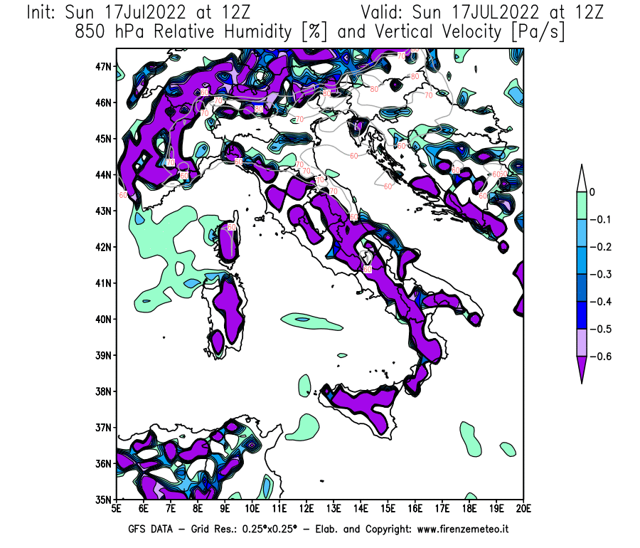 Mappa di analisi GFS - Umidità relativa [%] e Omega [Pa/s] a 850 hPa in Italia
							del 17/07/2022 12 <!--googleoff: index-->UTC<!--googleon: index-->