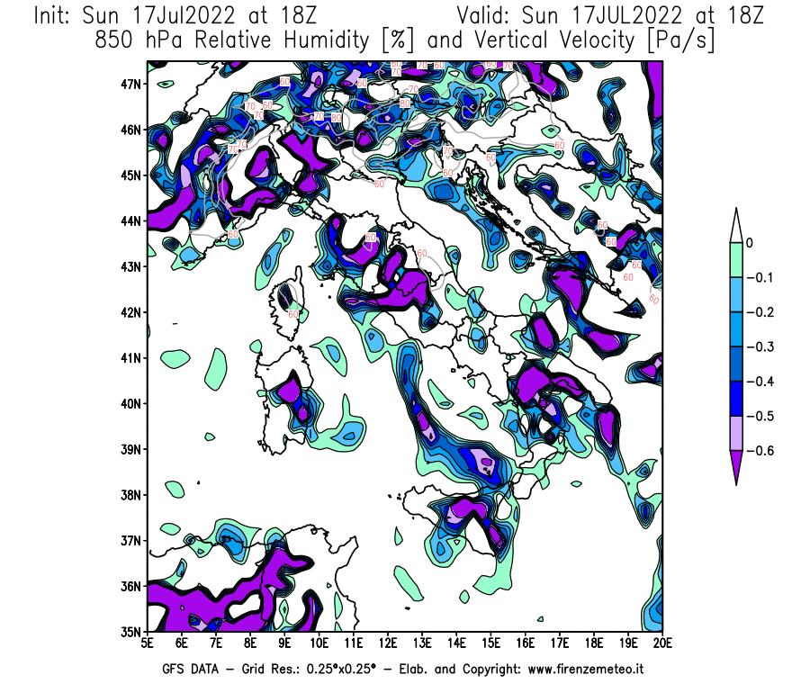 Mappa di analisi GFS - Umidità relativa [%] e Omega [Pa/s] a 850 hPa in Italia
							del 17/07/2022 18 <!--googleoff: index-->UTC<!--googleon: index-->