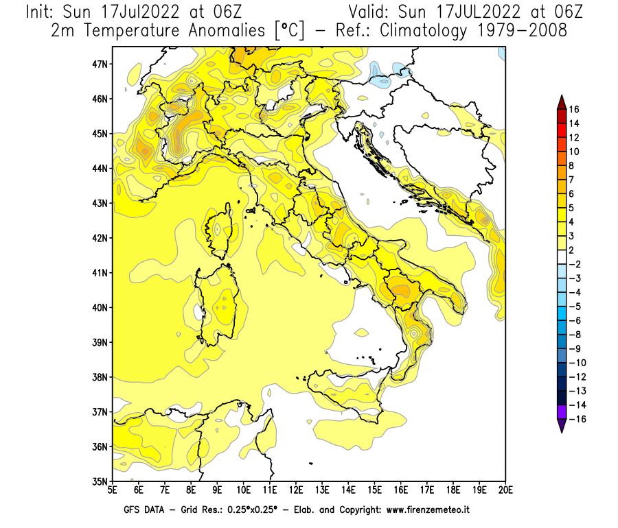 Mappa di analisi GFS - Anomalia Temperatura [°C] a 2 m in Italia
							del 17/07/2022 06 <!--googleoff: index-->UTC<!--googleon: index-->
