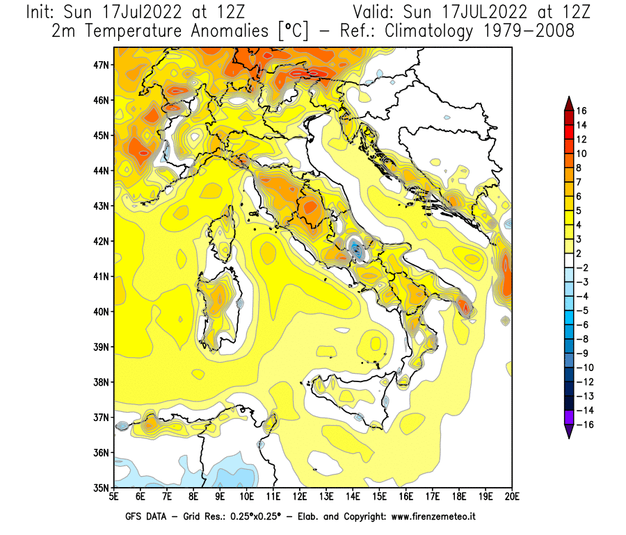 Mappa di analisi GFS - Anomalia Temperatura [°C] a 2 m in Italia
							del 17/07/2022 12 <!--googleoff: index-->UTC<!--googleon: index-->