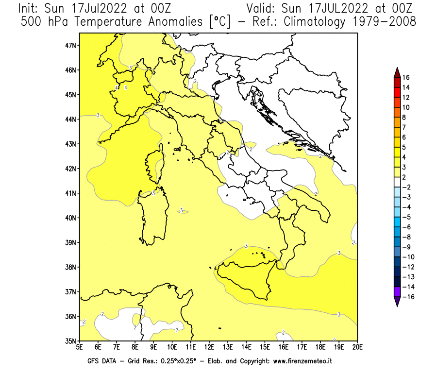 Mappa di analisi GFS - Anomalia Temperatura [°C] a 500 hPa in Italia
							del 17/07/2022 00 <!--googleoff: index-->UTC<!--googleon: index-->
