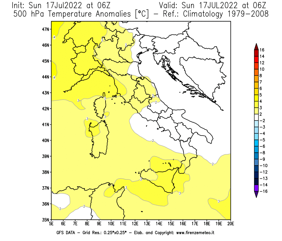 Mappa di analisi GFS - Anomalia Temperatura [°C] a 500 hPa in Italia
							del 17/07/2022 06 <!--googleoff: index-->UTC<!--googleon: index-->
