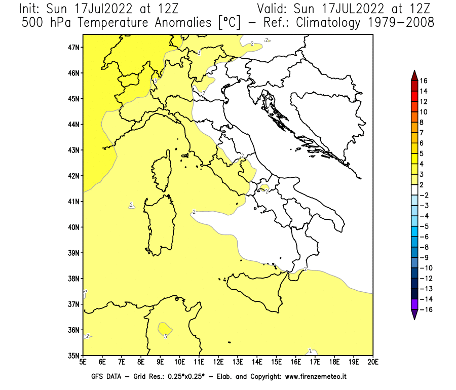 Mappa di analisi GFS - Anomalia Temperatura [°C] a 500 hPa in Italia
							del 17/07/2022 12 <!--googleoff: index-->UTC<!--googleon: index-->