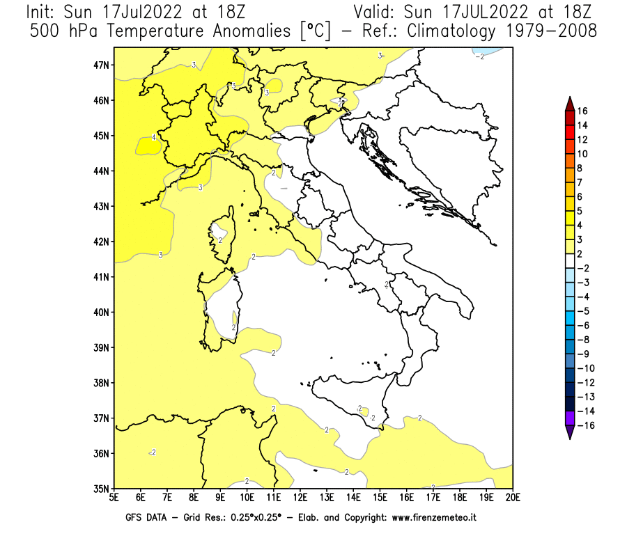Mappa di analisi GFS - Anomalia Temperatura [°C] a 500 hPa in Italia
							del 17/07/2022 18 <!--googleoff: index-->UTC<!--googleon: index-->
