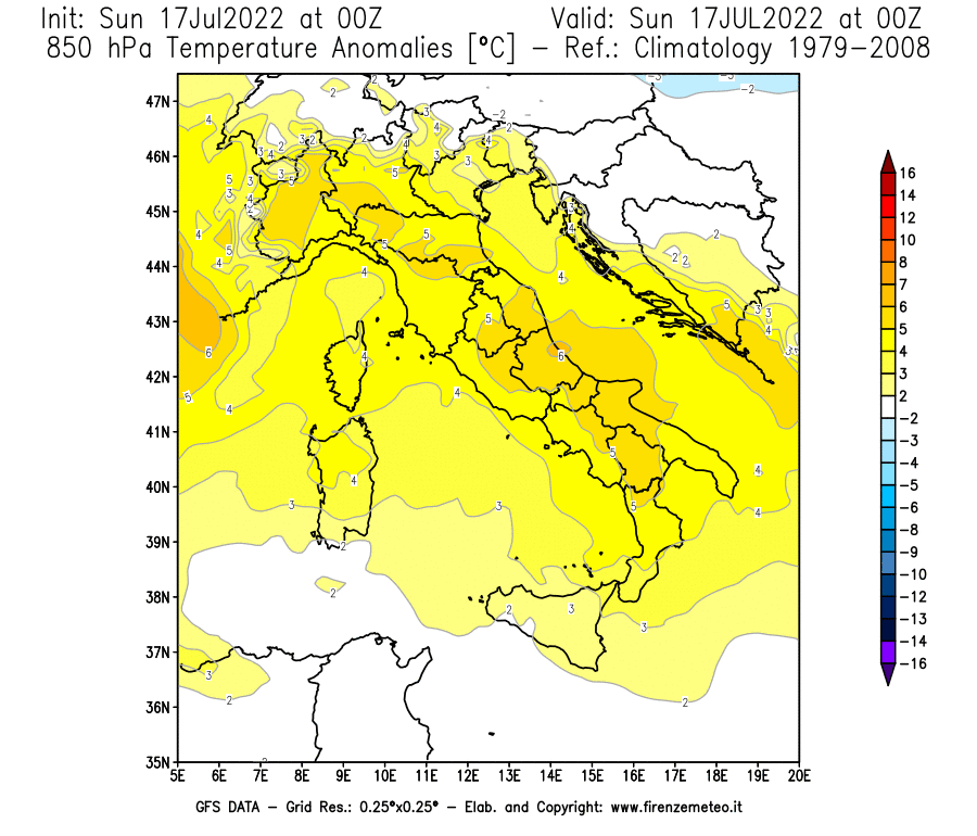 Mappa di analisi GFS - Anomalia Temperatura [°C] a 850 hPa in Italia
							del 17/07/2022 00 <!--googleoff: index-->UTC<!--googleon: index-->