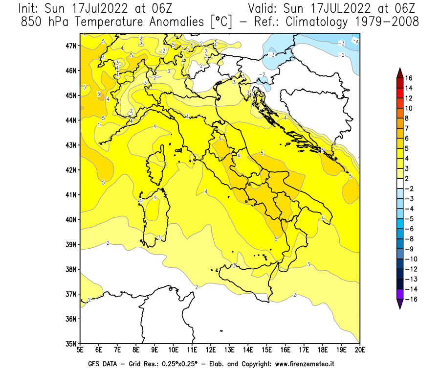 Mappa di analisi GFS - Anomalia Temperatura [°C] a 850 hPa in Italia
							del 17/07/2022 06 <!--googleoff: index-->UTC<!--googleon: index-->