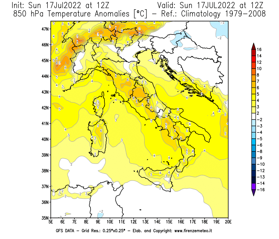 Mappa di analisi GFS - Anomalia Temperatura [°C] a 850 hPa in Italia
							del 17/07/2022 12 <!--googleoff: index-->UTC<!--googleon: index-->